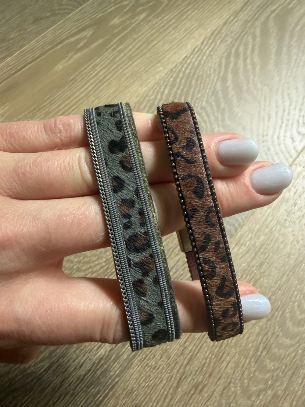 Animal Print Leather Bracelet Set - Brown and Gray